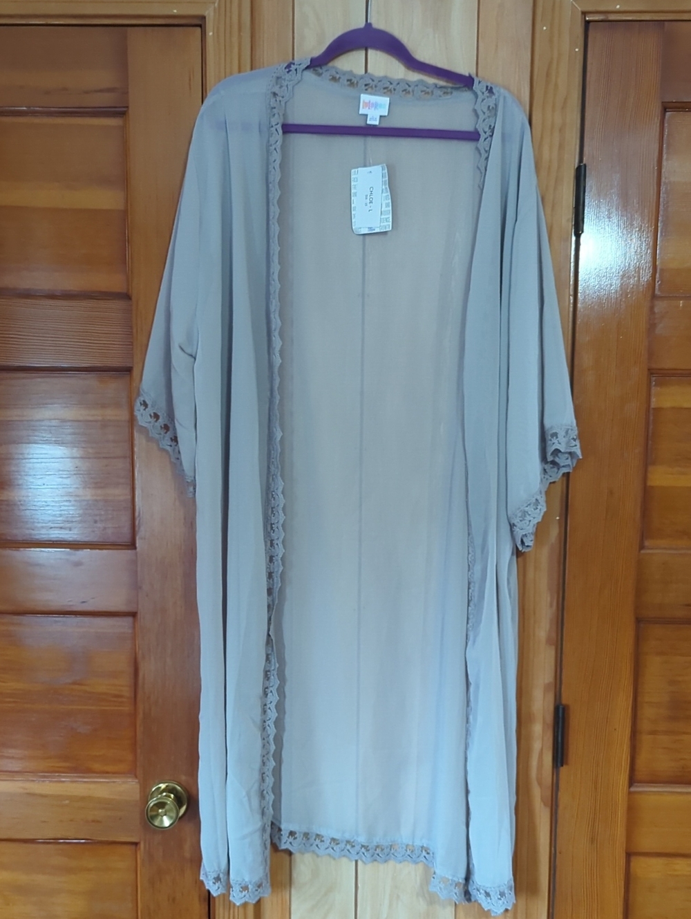 LuLaRoe Taupe Lace-Trim Open Kimono Robe